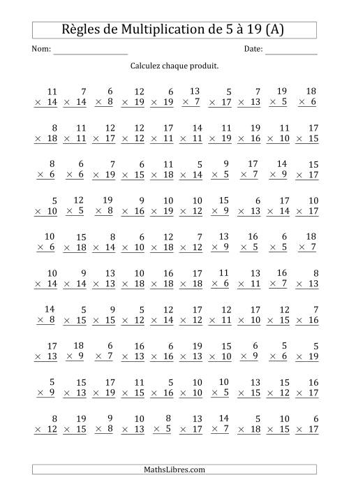 Règles de Multiplication de 5 à 19 (100 Questions) (Tout)