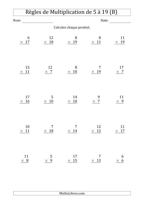 Règles de Multiplication de 5 à 19 (25 Questions) (B)