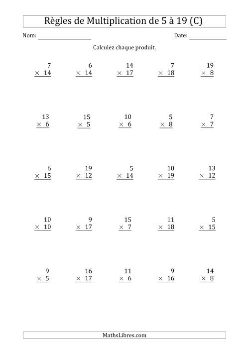 Règles de Multiplication de 5 à 19 (25 Questions) (C)
