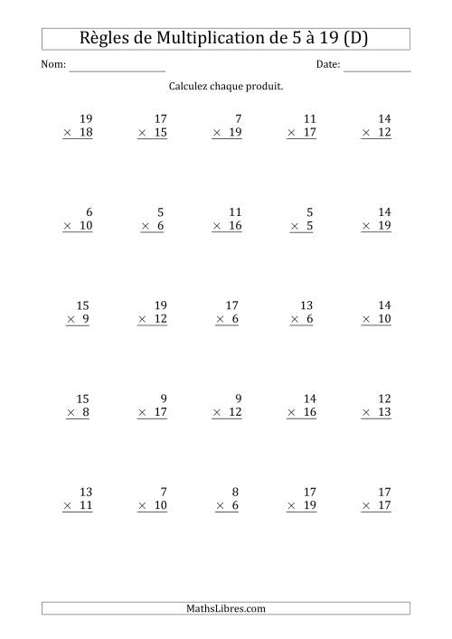 Règles de Multiplication de 5 à 19 (25 Questions) (D)