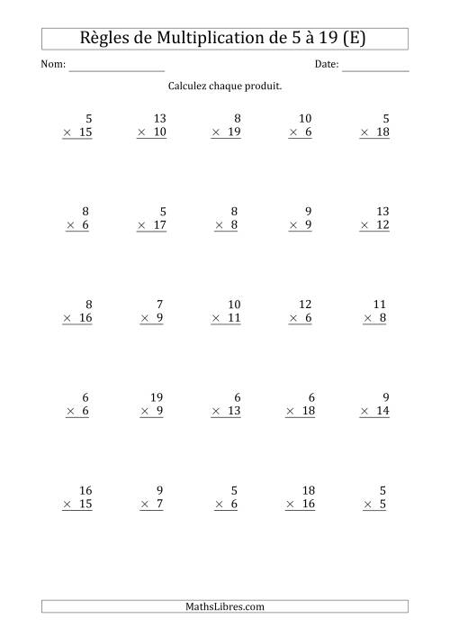Règles de Multiplication de 5 à 19 (25 Questions) (E)