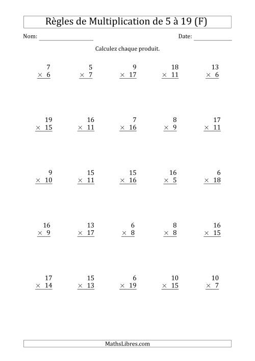 Règles de Multiplication de 5 à 19 (25 Questions) (F)