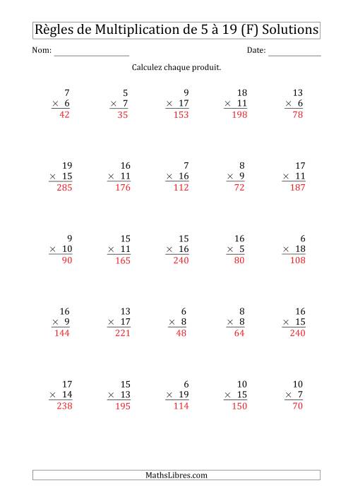 Règles de Multiplication de 5 à 19 (25 Questions) (F) page 2