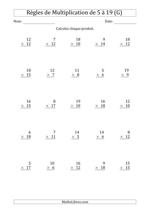 Règles de Multiplication de 5 à 19 (25 Questions) (G)