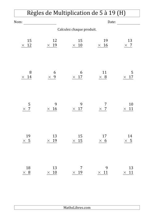 Règles de Multiplication de 5 à 19 (25 Questions) (H)