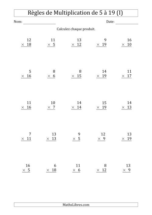Règles de Multiplication de 5 à 19 (25 Questions) (I)