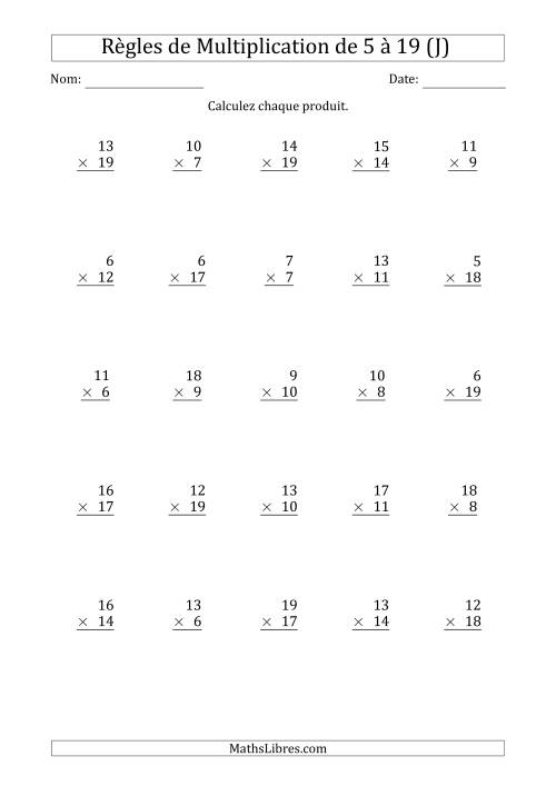 Règles de Multiplication de 5 à 19 (25 Questions) (J)