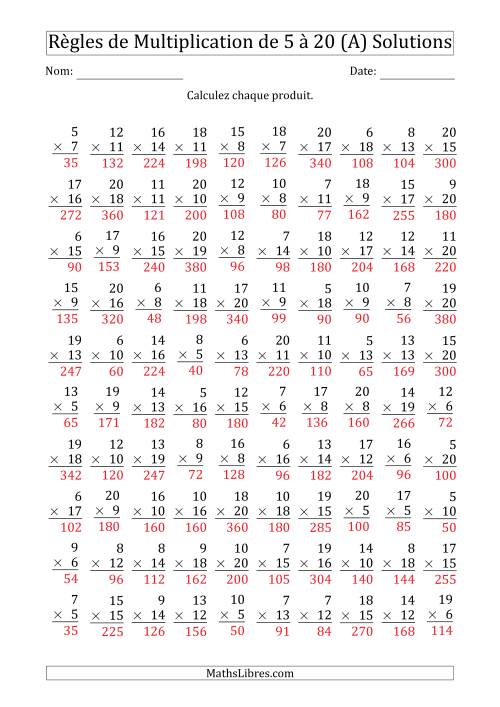 Règles de Multiplication de 5 à 20 (100 Questions) (A) page 2