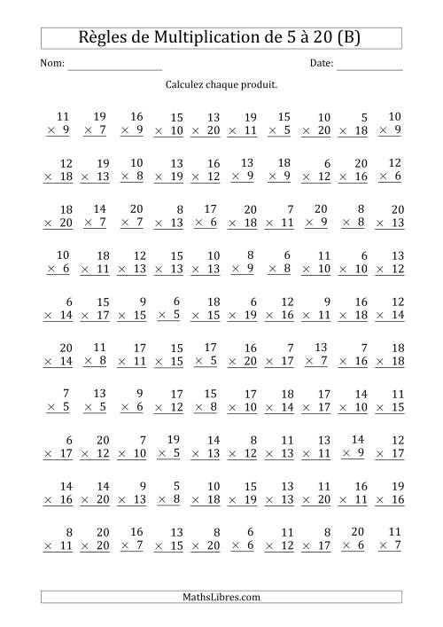 Règles de Multiplication de 5 à 20 (100 Questions) (B)