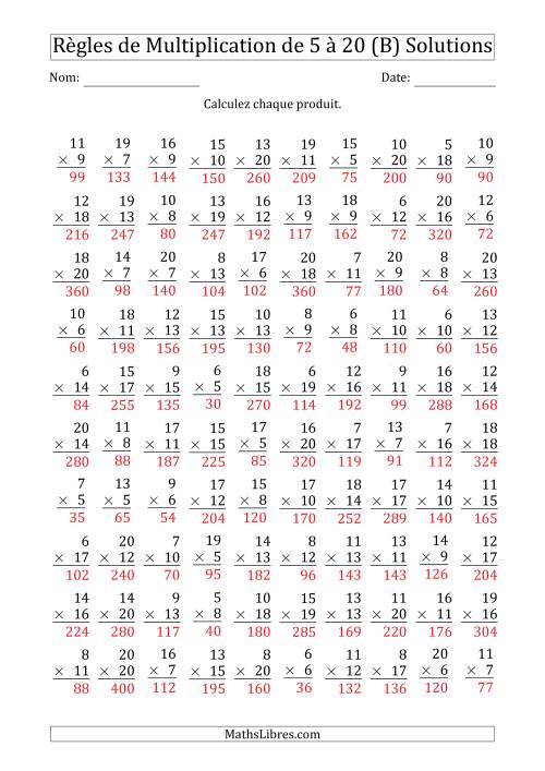 Règles de Multiplication de 5 à 20 (100 Questions) (B) page 2