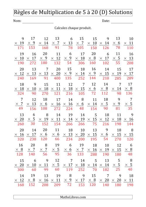 Règles de Multiplication de 5 à 20 (100 Questions) (D) page 2