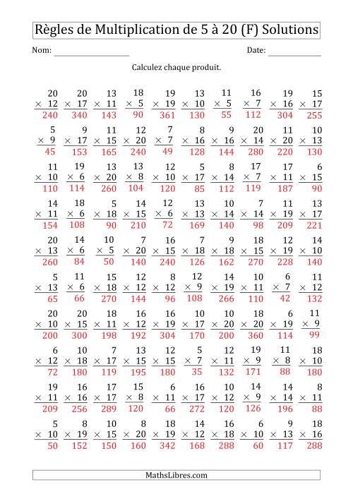 Règles de Multiplication de 5 à 20 (100 Questions) (F) page 2