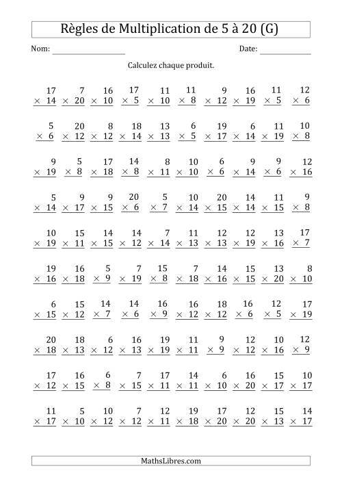 Règles de Multiplication de 5 à 20 (100 Questions) (G)
