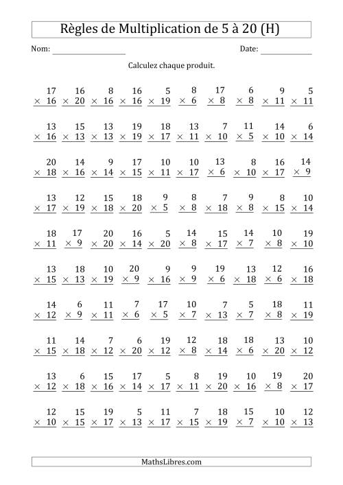 Règles de Multiplication de 5 à 20 (100 Questions) (H)