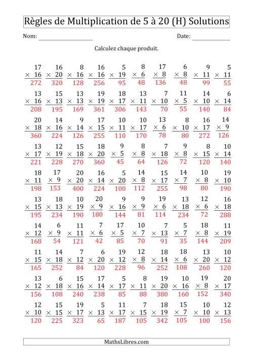 Règles de Multiplication de 5 à 20 (100 Questions) (H) page 2