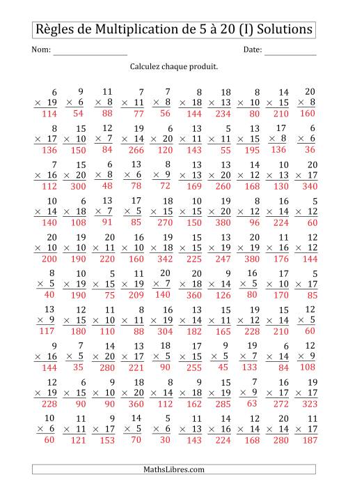 Règles de Multiplication de 5 à 20 (100 Questions) (I) page 2