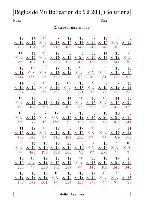 Règles de Multiplication de 5 à 20 (100 Questions) (J) page 2