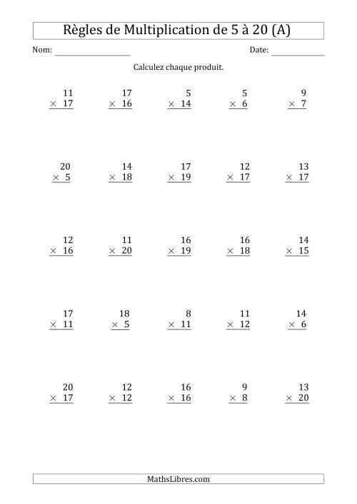 Règles de Multiplication de 5 à 20 (25 Questions) (A)