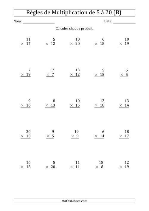 Règles de Multiplication de 5 à 20 (25 Questions) (B)