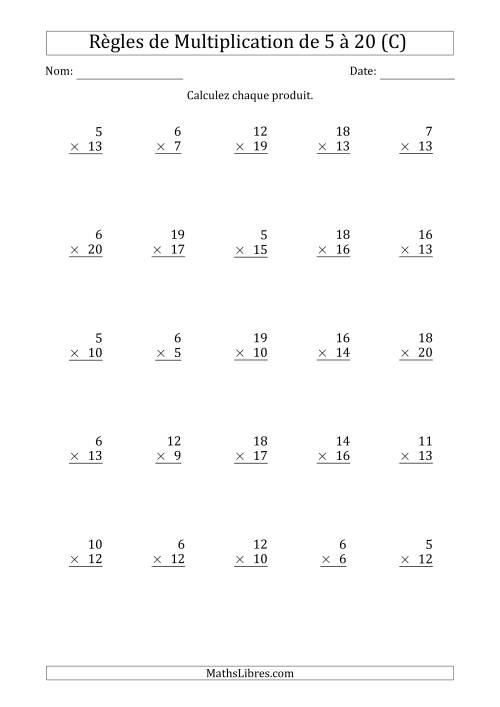 Règles de Multiplication de 5 à 20 (25 Questions) (C)