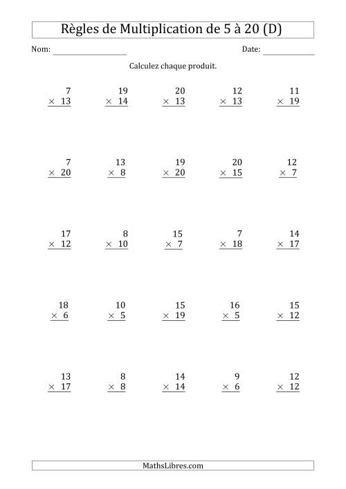 Règles de Multiplication de 5 à 20 (25 Questions) (D)
