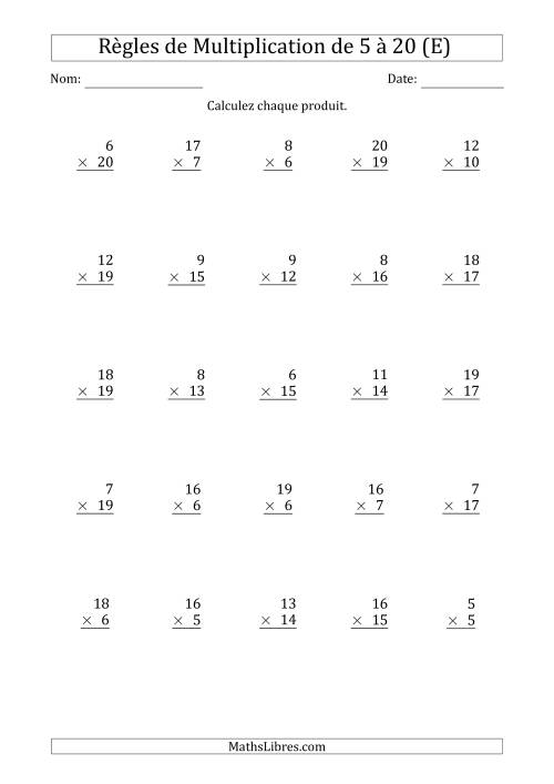 Règles de Multiplication de 5 à 20 (25 Questions) (E)