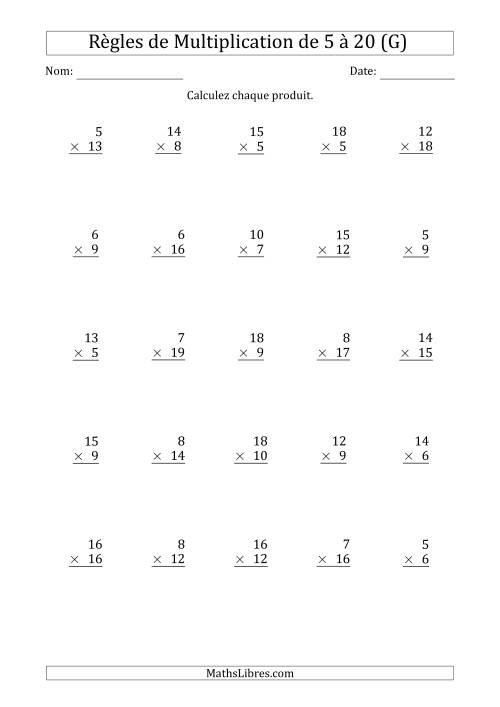 Règles de Multiplication de 5 à 20 (25 Questions) (G)