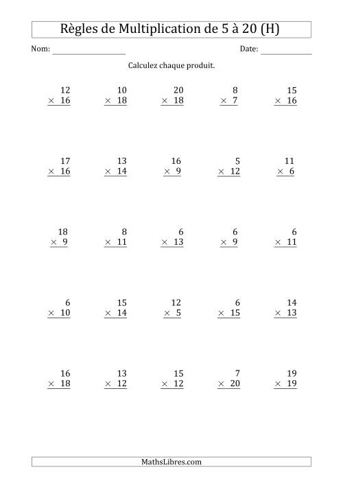 Règles de Multiplication de 5 à 20 (25 Questions) (H)