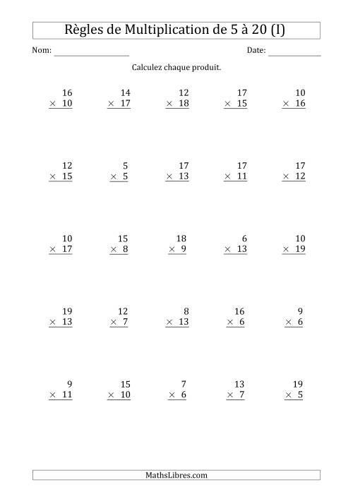 Règles de Multiplication de 5 à 20 (25 Questions) (I)