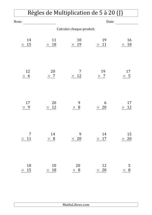 Règles de Multiplication de 5 à 20 (25 Questions) (J)