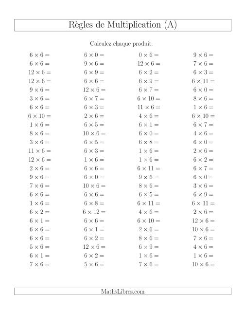 Règles de Multiplication -- Règles de 6 × 0-12 (A)