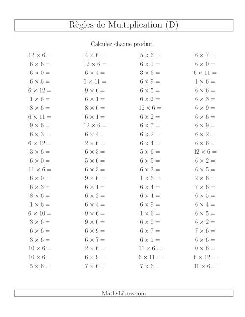 Règles de Multiplication -- Règles de 6 × 0-12 (D)