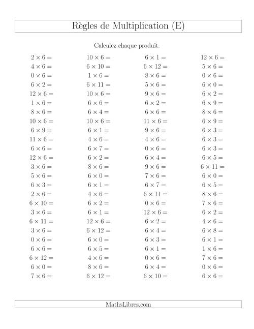 Règles de Multiplication -- Règles de 6 × 0-12 (E)