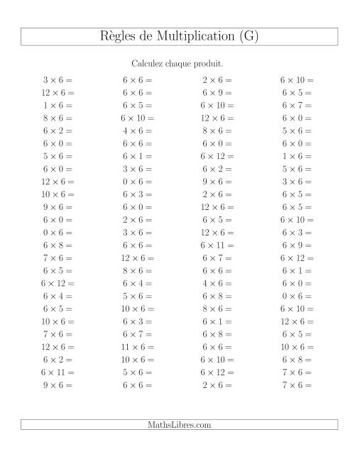 Règles de Multiplication -- Règles de 6 × 0-12 (G)