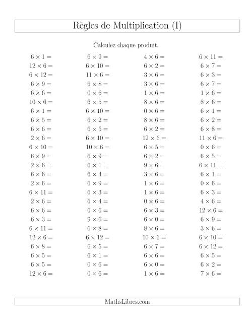 Règles de Multiplication -- Règles de 6 × 0-12 (I)