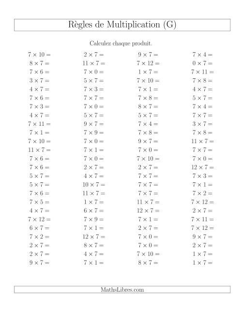 Règles de Multiplication -- Règles de 7 × 0-12 (G)