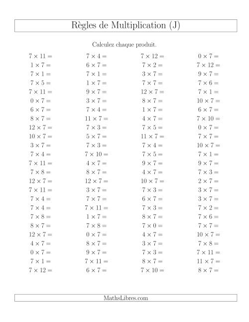 Règles de Multiplication -- Règles de 7 × 0-12 (J)