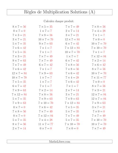 Règles de Multiplication -- Règles de 7 × 0-12 (Tout) page 2