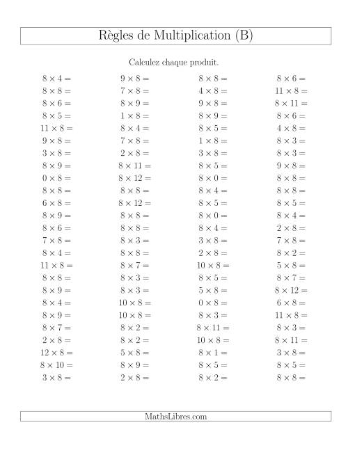 Règles de Multiplication -- Règles de 8 × 0-12 (B)