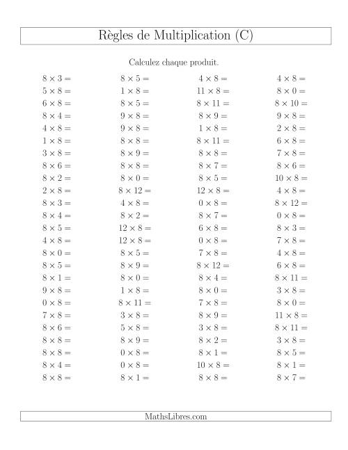 Règles de Multiplication -- Règles de 8 × 0-12 (C)
