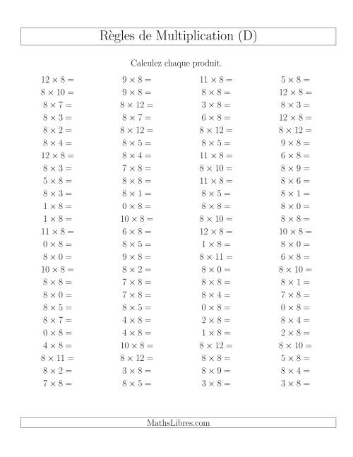 Règles de Multiplication -- Règles de 8 × 0-12 (D)