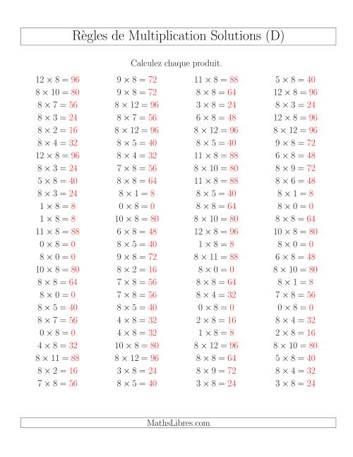 Règles de Multiplication -- Règles de 8 × 0-12 (D) page 2