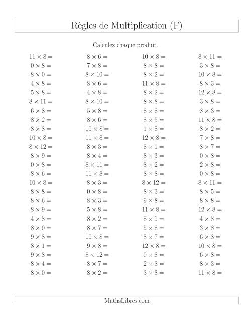 Règles de Multiplication -- Règles de 8 × 0-12 (F)