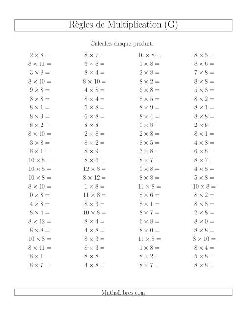 Règles de Multiplication -- Règles de 8 × 0-12 (G)