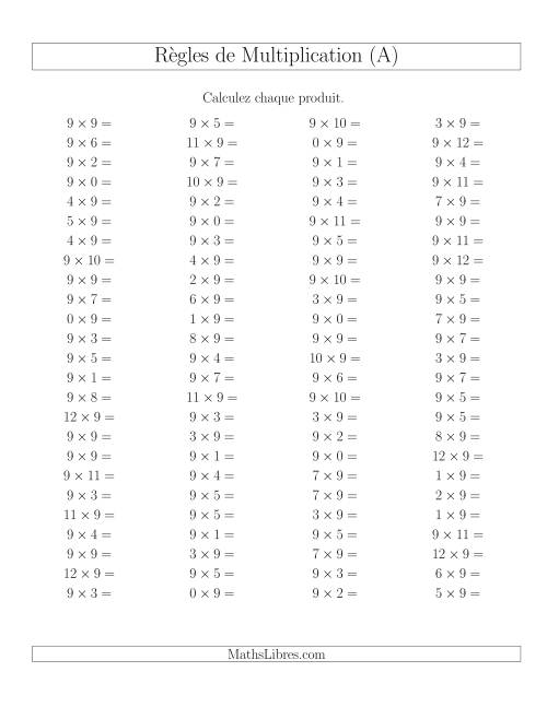 Règles de Multiplication -- Règles de 9 × 0-12 (A)