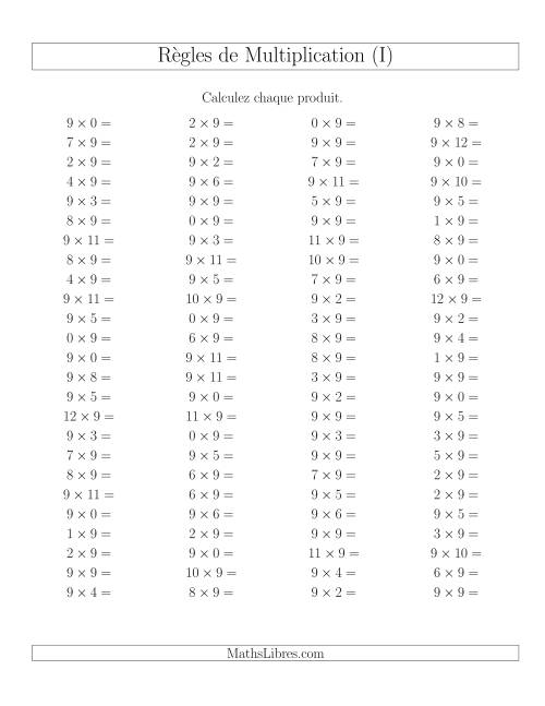 Règles de Multiplication -- Règles de 9 × 0-12 (I)