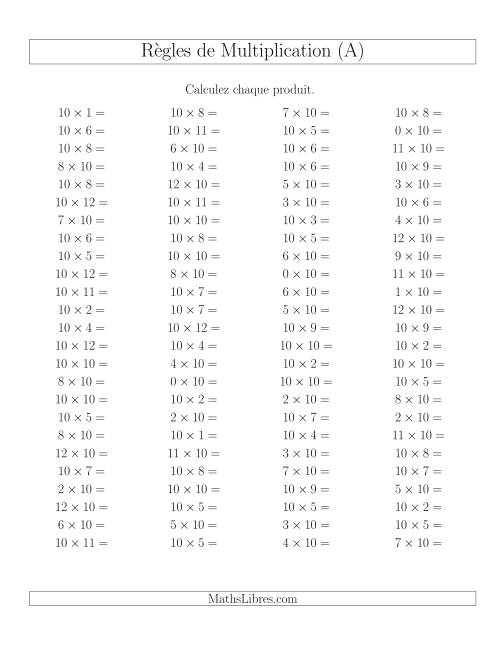 Règles de Multiplication -- Règles de 10 × 0-12 (A)
