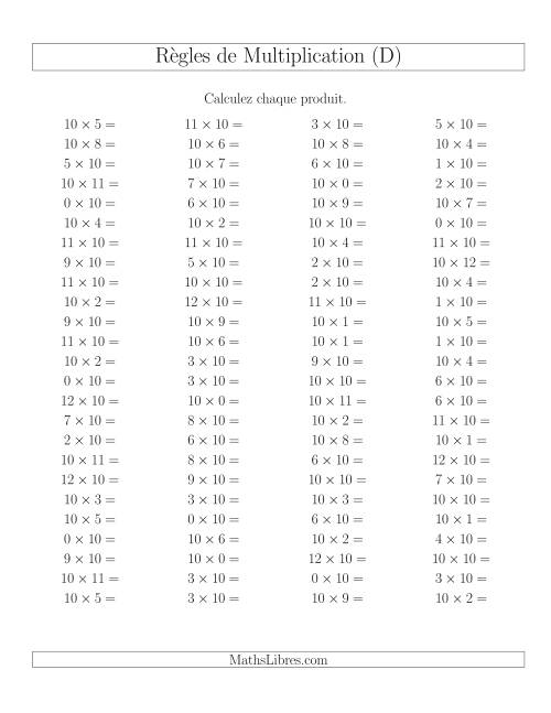 Règles de Multiplication -- Règles de 10 × 0-12 (D)