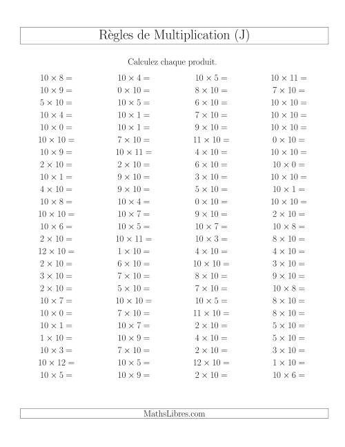 Règles de Multiplication -- Règles de 10 × 0-12 (J)