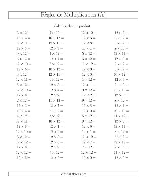 Règles de Multiplication -- Règles de 12 × 0-12 (A)